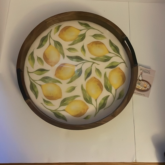 Gourmet Basics Lemon Rotating Tray, wood with iron handles. 16”L X 16”W X 2.75”H - Picture 10 of 17
